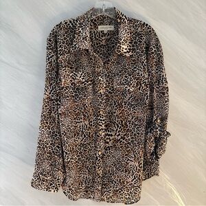 Jones New York 1X Tan, Brown, Gold Animal Print Button Up Roll Tab Sleeve Blouse